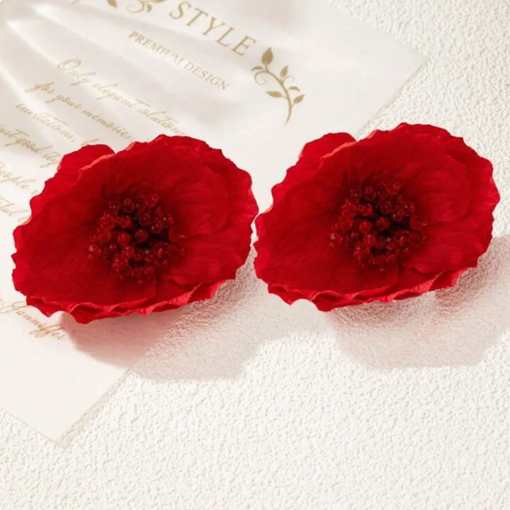 2/$30🌵 Large Red Camellia Flower Earrings Garden Statement Flamenco Gift NEW